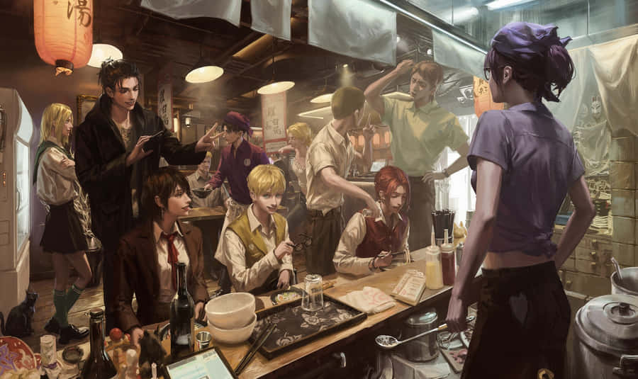 Attackon Titan Characters Relaxingina Bar Wallpaper