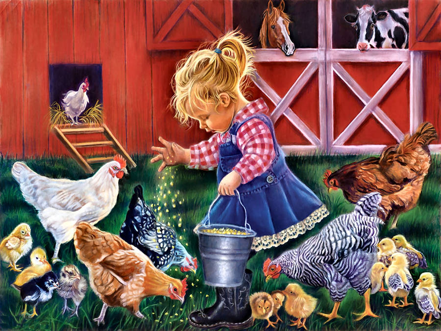 Baby Feeding Chicken Animals On The Farm Wallpaper