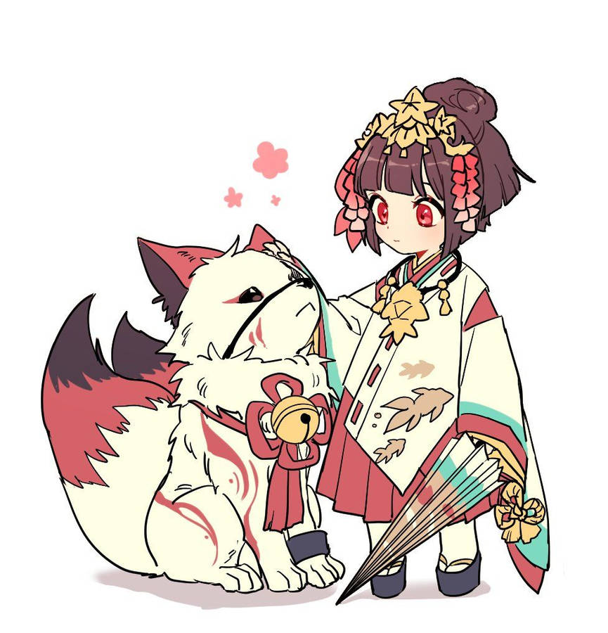 Baby Fox And Japanese Girl Wallpaper