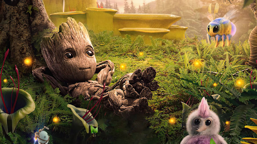 Baby Groot Relaxing In A Garden Wallpaper