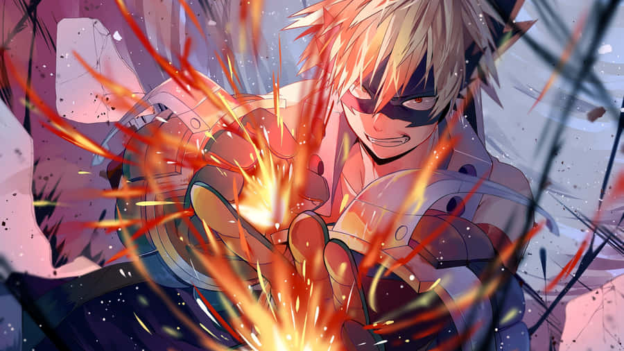 Bakugou Stands Determined Against A Fiery Background Wallpaper