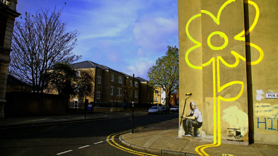 Banksy Yellow Lines Flower Painter Wallpaper