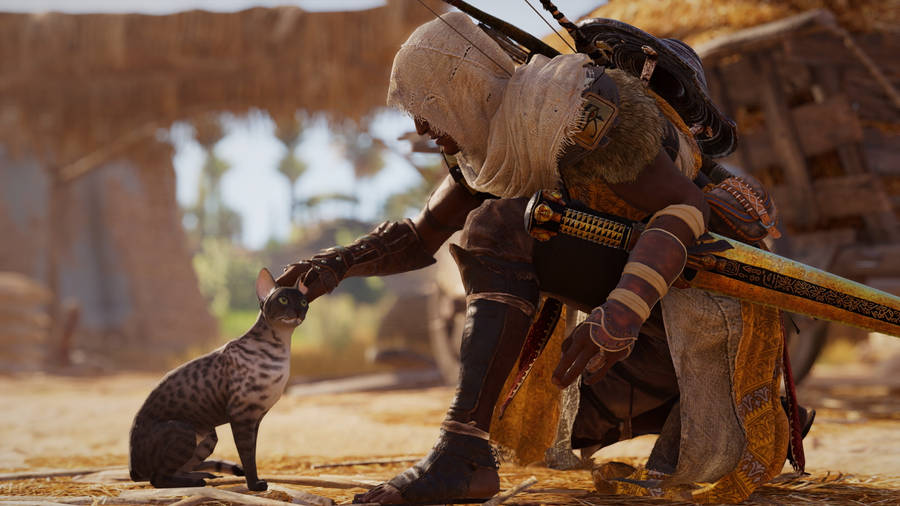 Bayek Of Siwa, The Last Medjay, With Bengal Cat In Assassin's Creed Origins Wallpaper