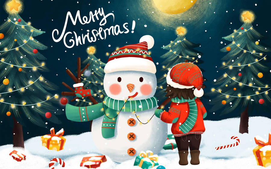 Beautiful Christmas Postcard With Snowman Wallpaper