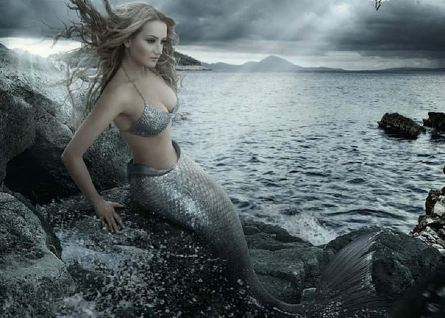 Beautiful Mermaid With Silver Tail And Bra Wallpaper