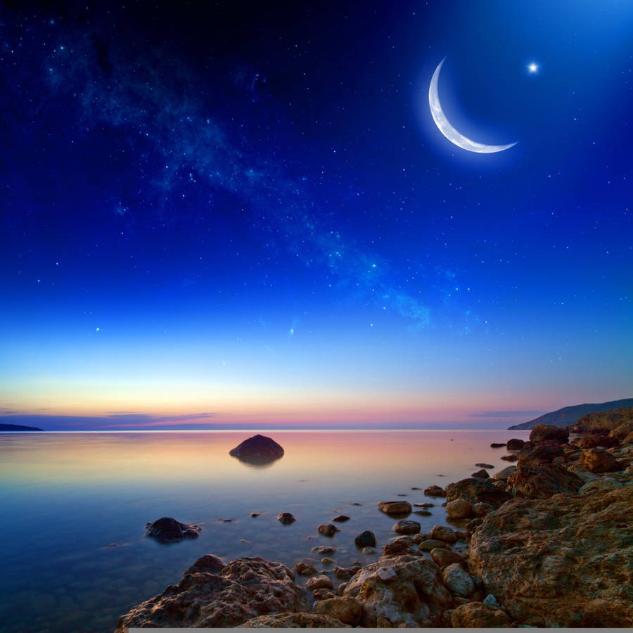 Beautiful Orange Blue Sky With Moonlight Wallpaper