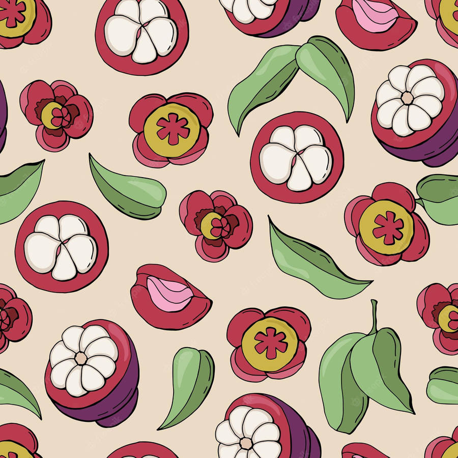 Beige Mangosteen Seamless Pattern Collage Wallpaper