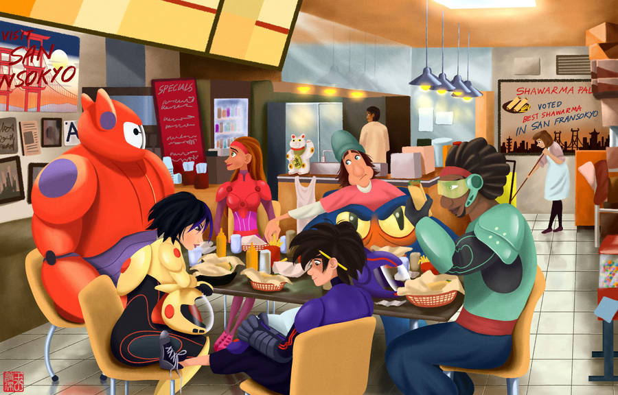 Big Hero 6 Team Eating Shawarma Wallpaper