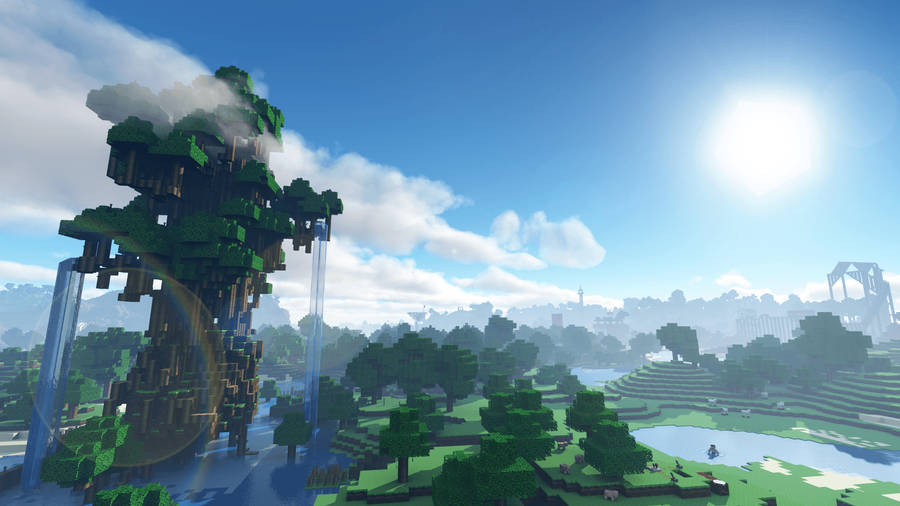 Big Tree With Waterfalls Minecraft Hd Wallpaper