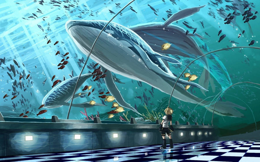 Big Whales In Tunnel Aquarium Wallpaper