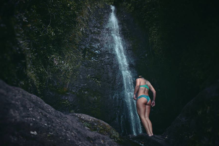 Bikini Girl In Waterfalls Wallpaper