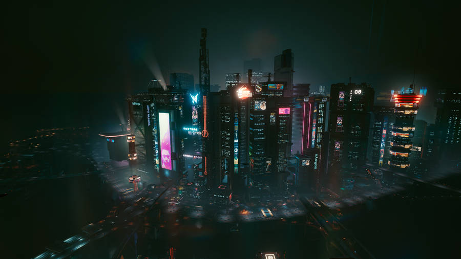 Bird's Eye View Of Cyberpunk Desktop Wallpaper