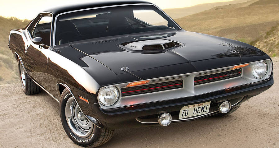 Black 1970 Plymouth Barracuda On Desert Wallpaper