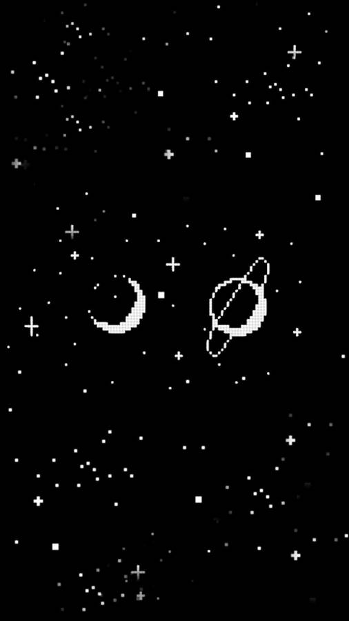 Black Aesthetic Phone Pixel Moon And Saturn Wallpaper