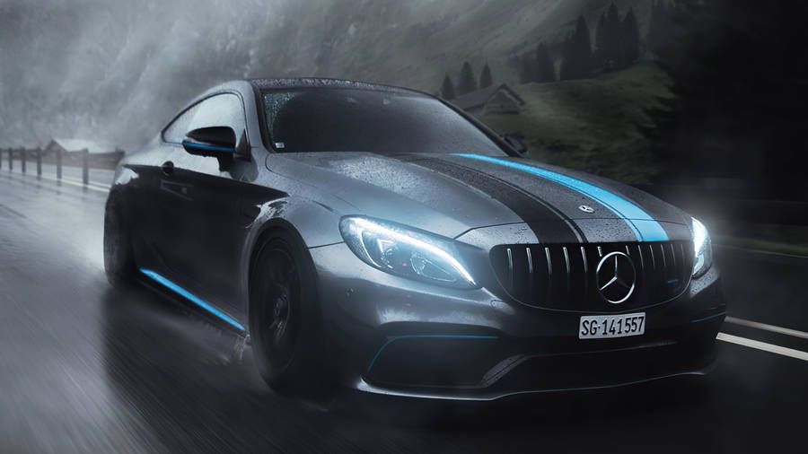 Black Amg Driving In The Rain Wallpaper