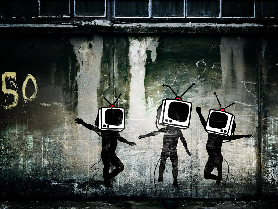 Black And White Graffiti Tv Heads By Banksy Wallpaper