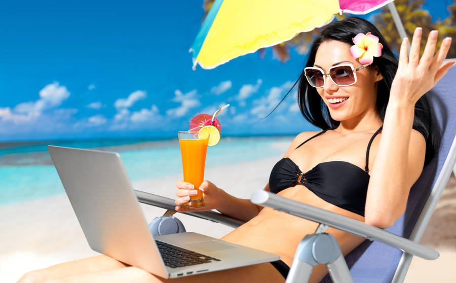 Black Beach Bikini And Laptop Wallpaper