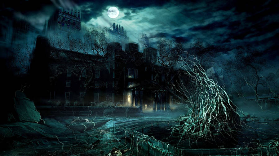 Black Haunted House Over Dark Screen Wallpaper