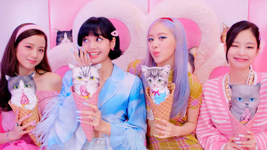 Blackpink And Cat Ice Cream Wallpaper