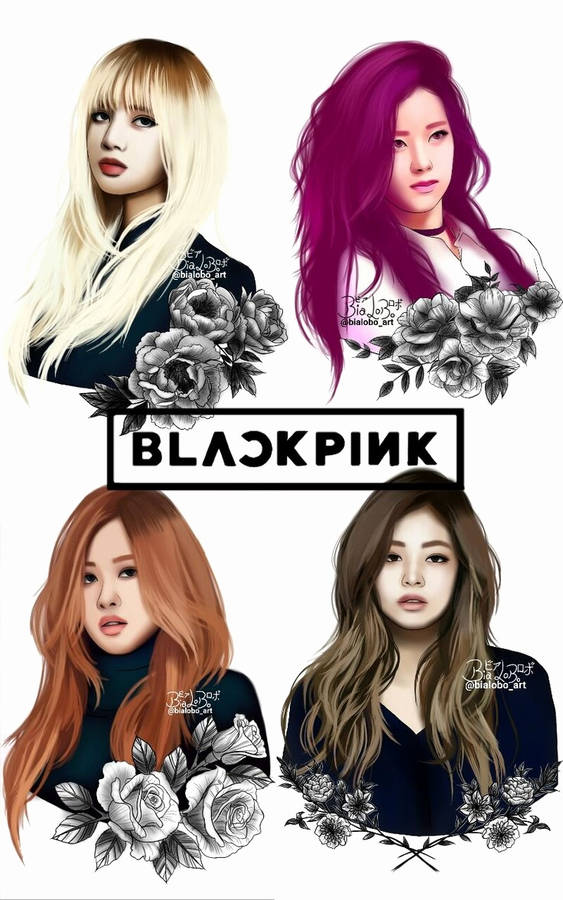 Blackpink Members With Black Flowers Fan Art Wallpaper