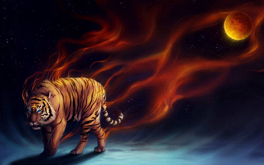 Blazing Tiger And Moon Digital Art Wallpaper