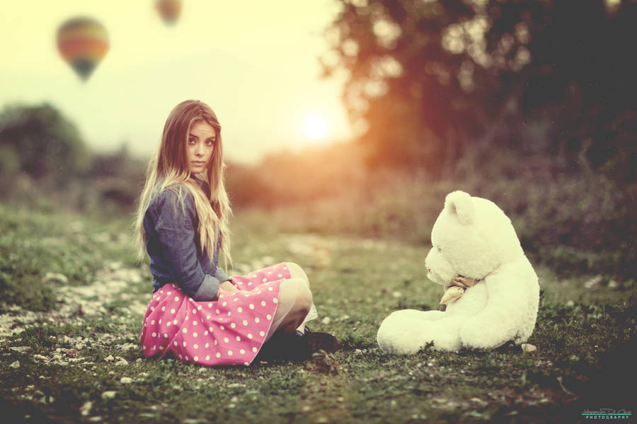 Blond Women With Cute Teddy Bear Wallpaper