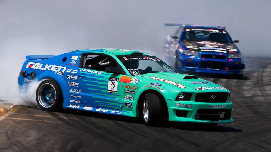 Blue And Green Drift Cars Wallpaper