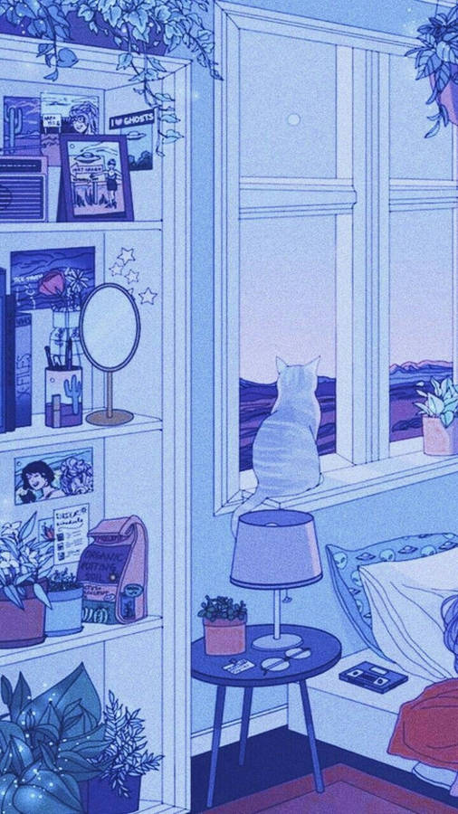 Blue Anime Bedroom Aesthetic Wallpaper