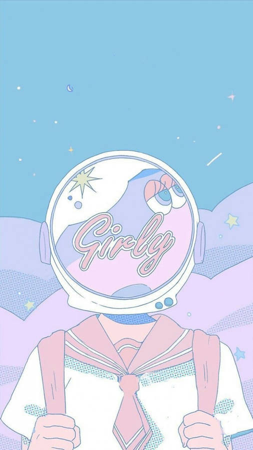 Blue Anime Pastel Girl With Helmet Aesthetic Wallpaper