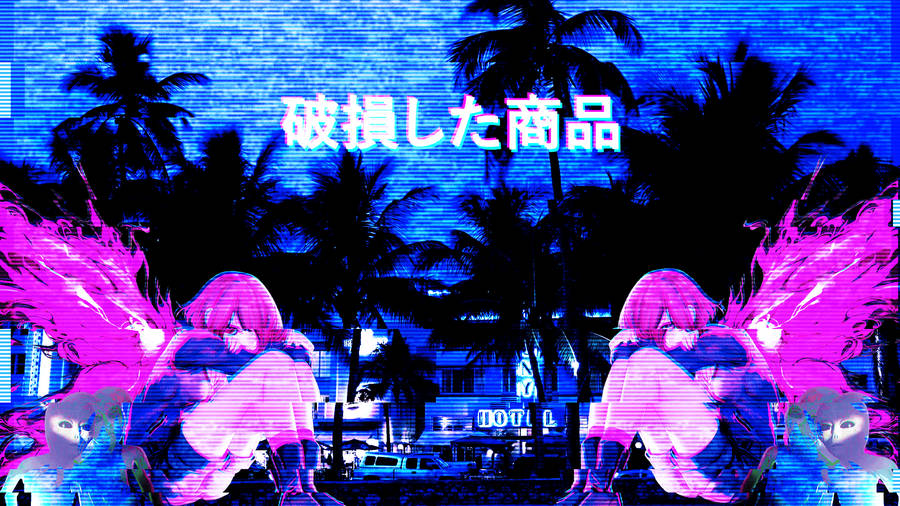 Blue Anime Pink-winged Girl Aesthetic Wallpaper