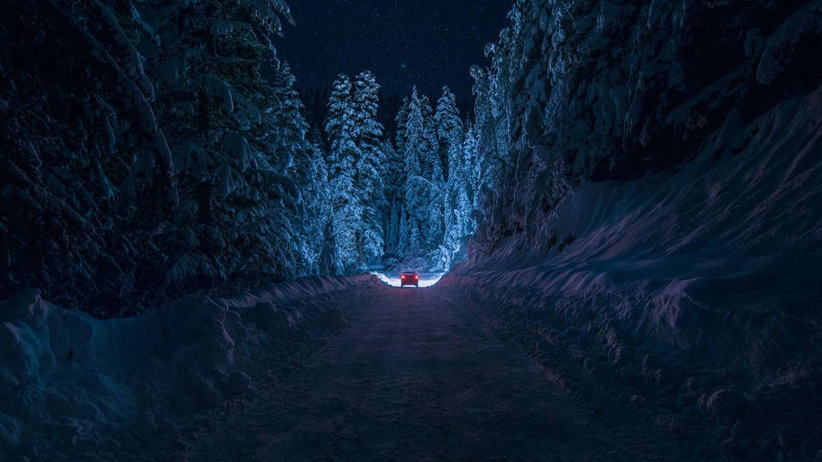 Blue Anime Snowy Night Road Aesthetic Wallpaper