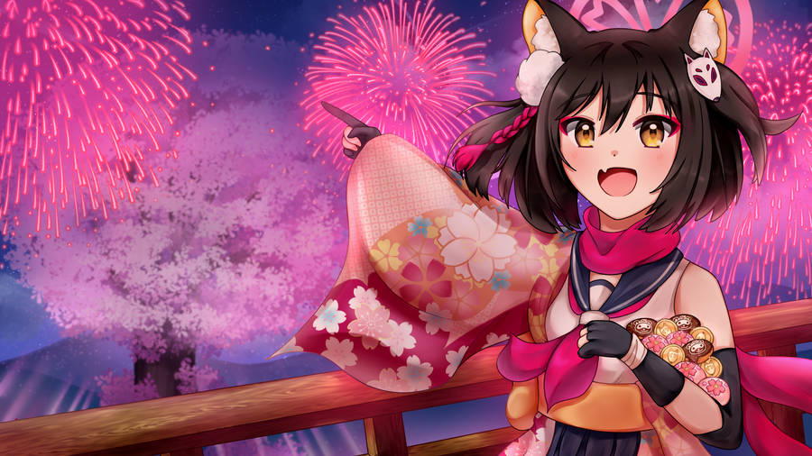 Blue Archive Izuna Fireworks Wallpaper