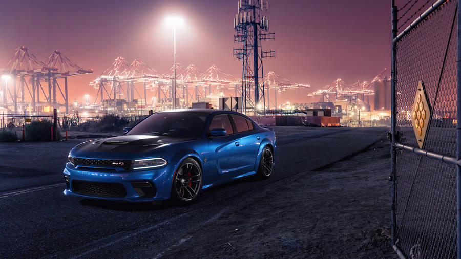 Blue Dodge Challenger In A Port Wallpaper