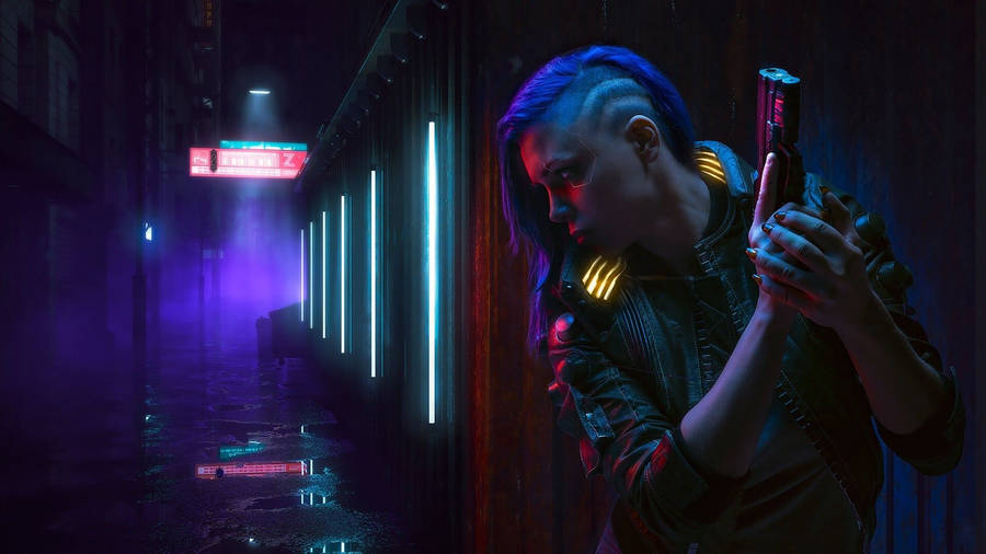 Blue Haired Girl Cyberpunk 1920x1080 Side Angle Shot Wallpaper