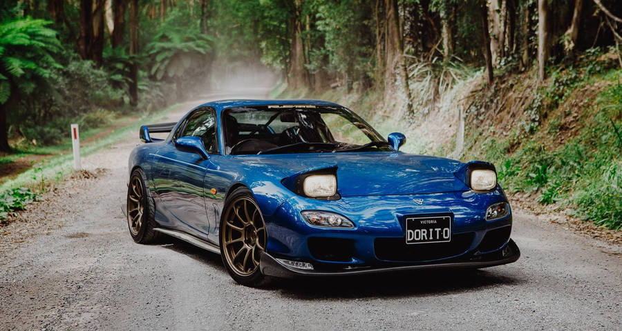 Blue Sports Car Forest Road Wallpaper