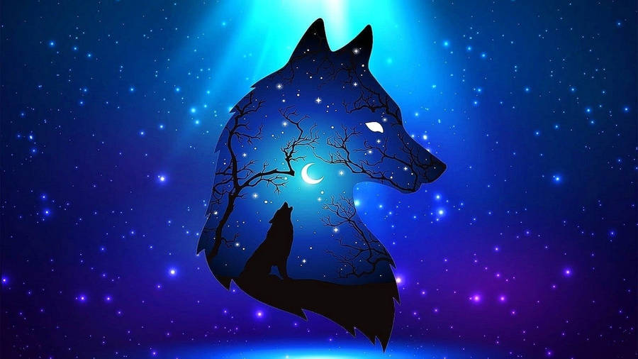 Blue Wolf And Crescent Moon Wallpaper