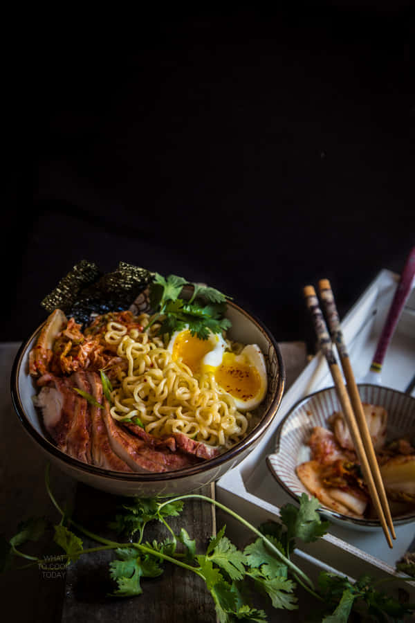 Bowl Of Ramen Beside Parsley And Kimchi Wallpaper