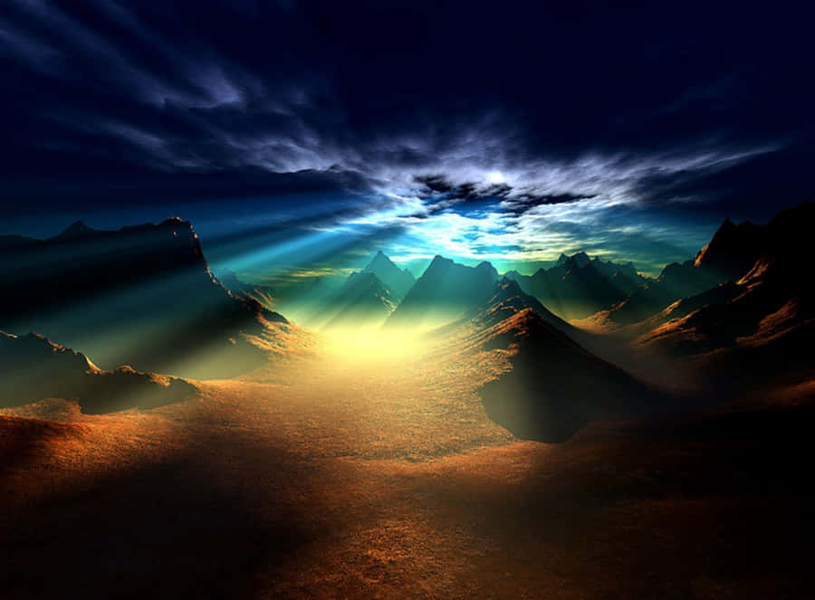 Breathtaking View Of A Mountain Range With Sunset Over A Valley Wallpaper