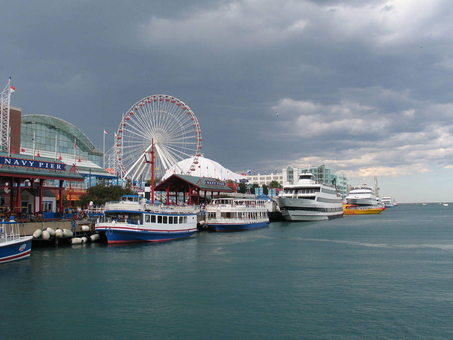 Breathtaking View Of Boats At Navy Pier Wallpaper