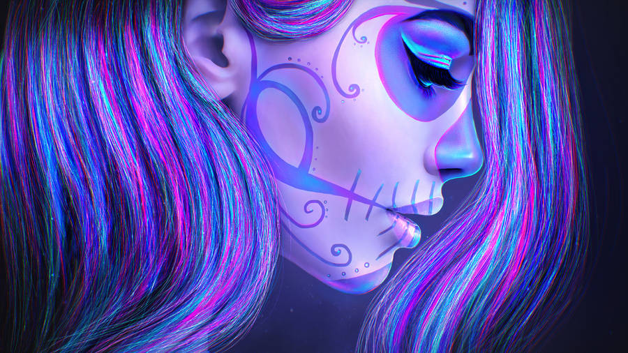 Bright And Vibrant Neon Sugar Skull To Represent The 