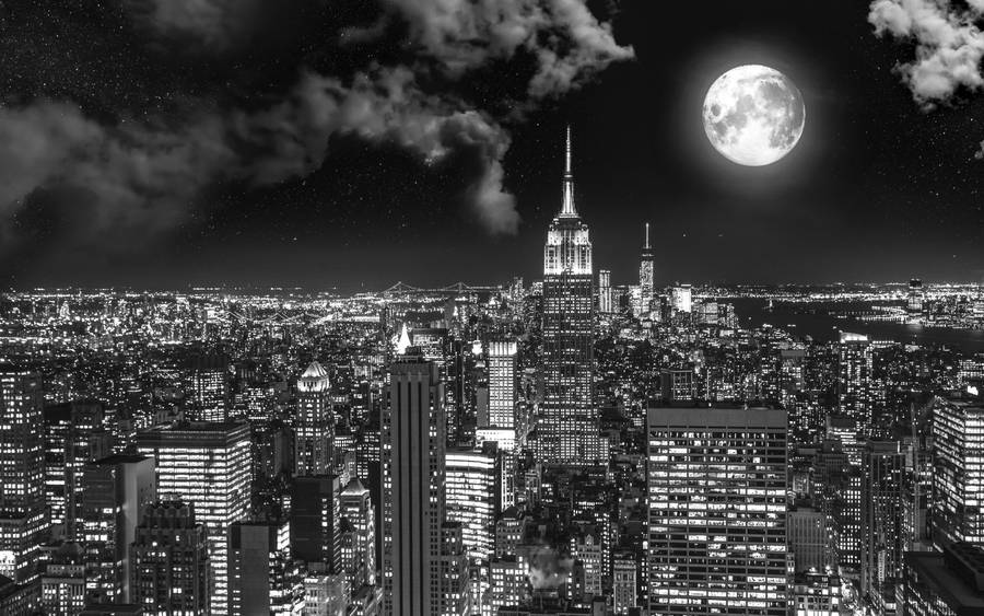 Bright Moon Skyscrapers New York 4k Wallpaper