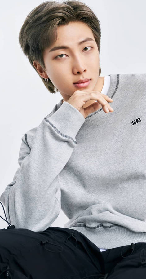 Bts Rm Cute Gray Sweatshirt Wallpaper