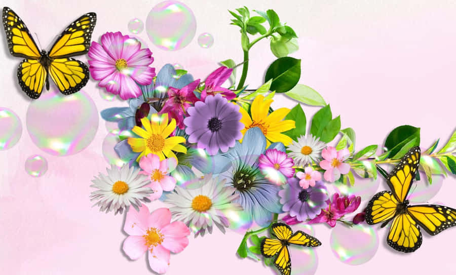 Bubbles Flowers And Butterflies Wallpaper