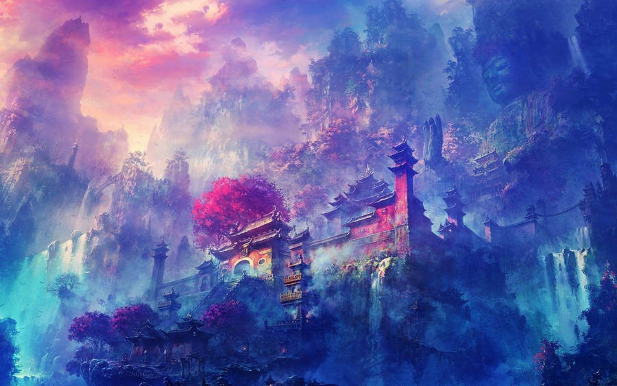 Buddha Oriental Castle Painting Cool Pfp Wallpaper