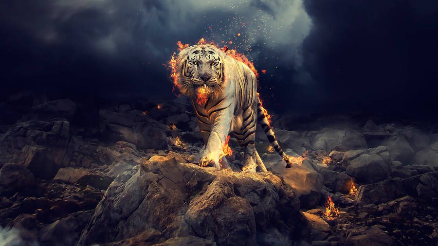 Burning White Harimau Wallpaper