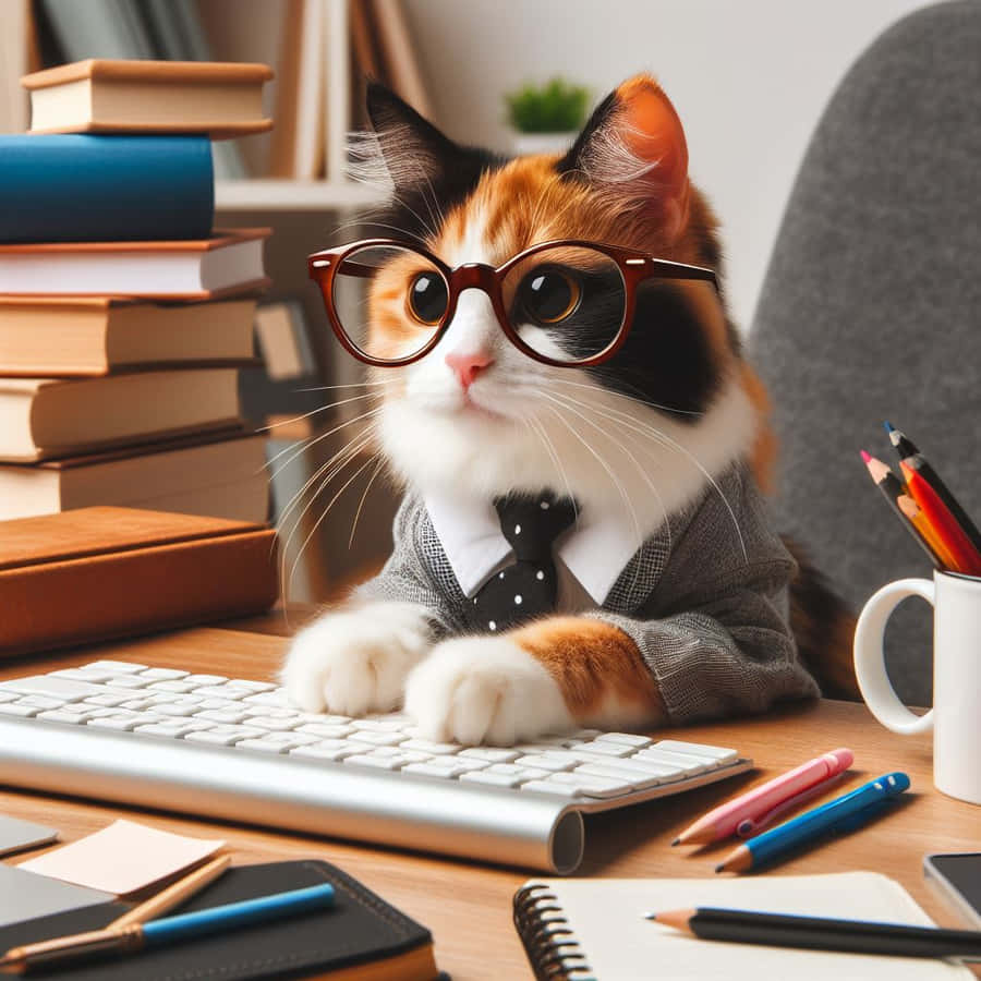 Business Cat_ Typing_ At_ Desk.jpg Wallpaper