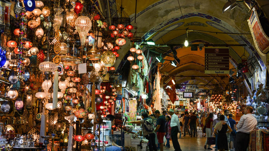 Bustling Scene Of The Grand Bazaar Market In Istanbul Wallpaper