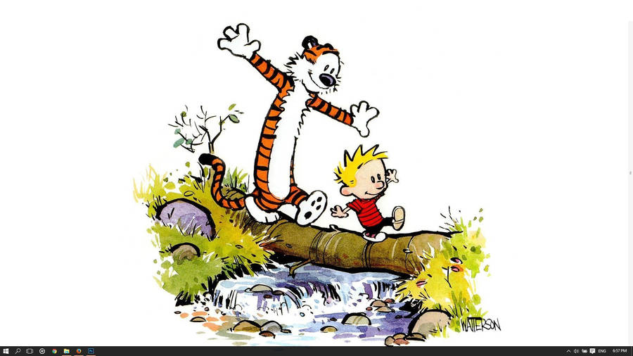Calvin And Hobbes Crossing The River Wallpaper