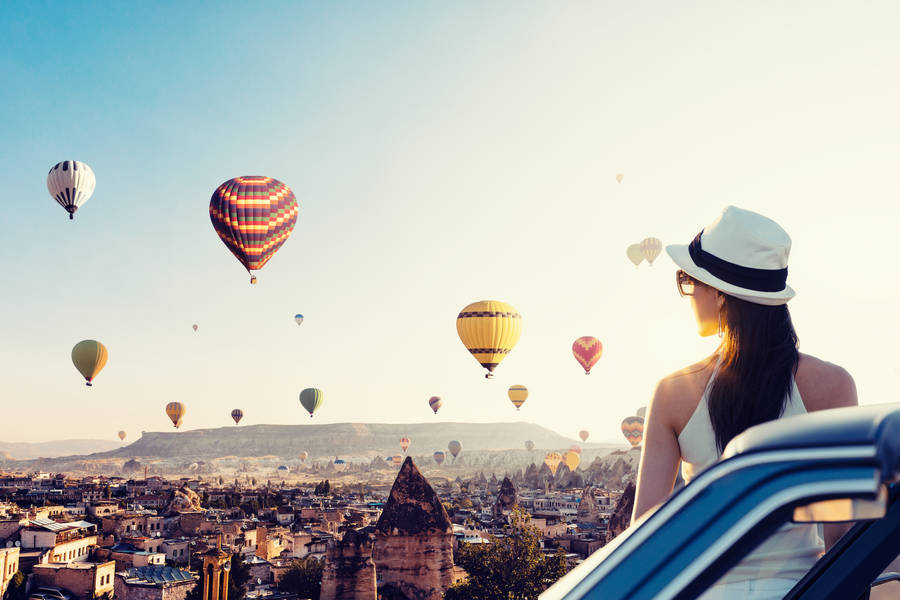 Cappadocia Woman Hat Balloons Wallpaper