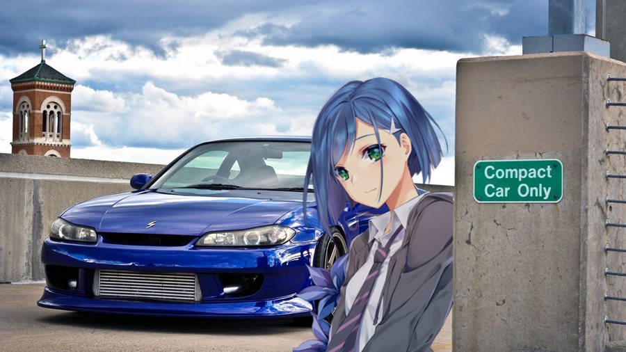 Caption: Anime Girl With Stylish Blue Jdm Car Wallpaper